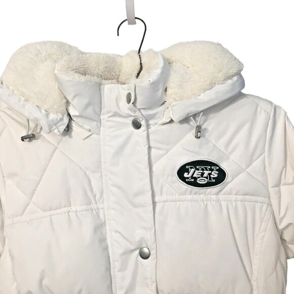 NY Jets Official Logo Quilted Womens S Puffer Jacket Faux Fur Lining Hood Zip - Picture 3 of 11